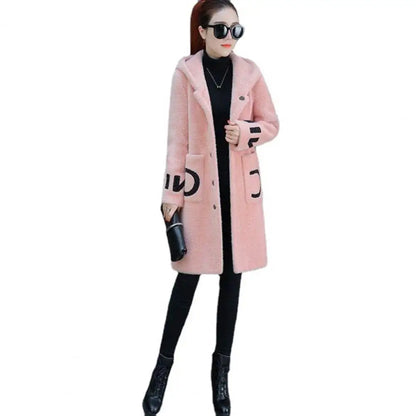 LVSANW Long Sleeve Hooded Pockets Letter Print Single Breasted Plush Coat Women Winter Thickened Imitation Lambswool Overcoat