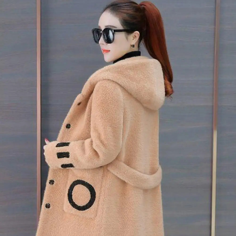 LVSANW Long Sleeve Hooded Pockets Letter Print Single Breasted Plush Coat Women Winter Thickened Imitation Lambswool Overcoat