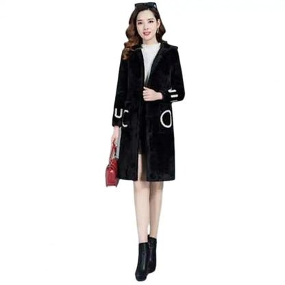 LVSANW Long Sleeve Hooded Pockets Letter Print Single Breasted Plush Coat Women Winter Thickened Imitation Lambswool Overcoat