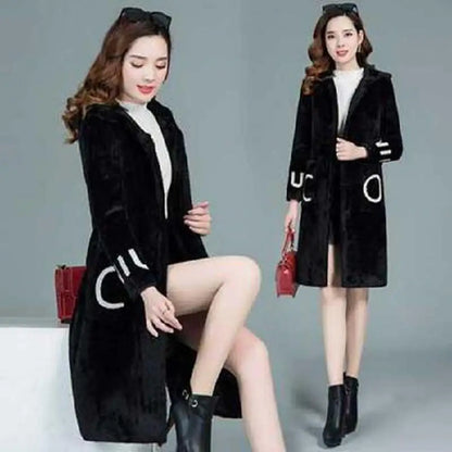 LVSANW Long Sleeve Hooded Pockets Letter Print Single Breasted Plush Coat Women Winter Thickened Imitation Lambswool Overcoat