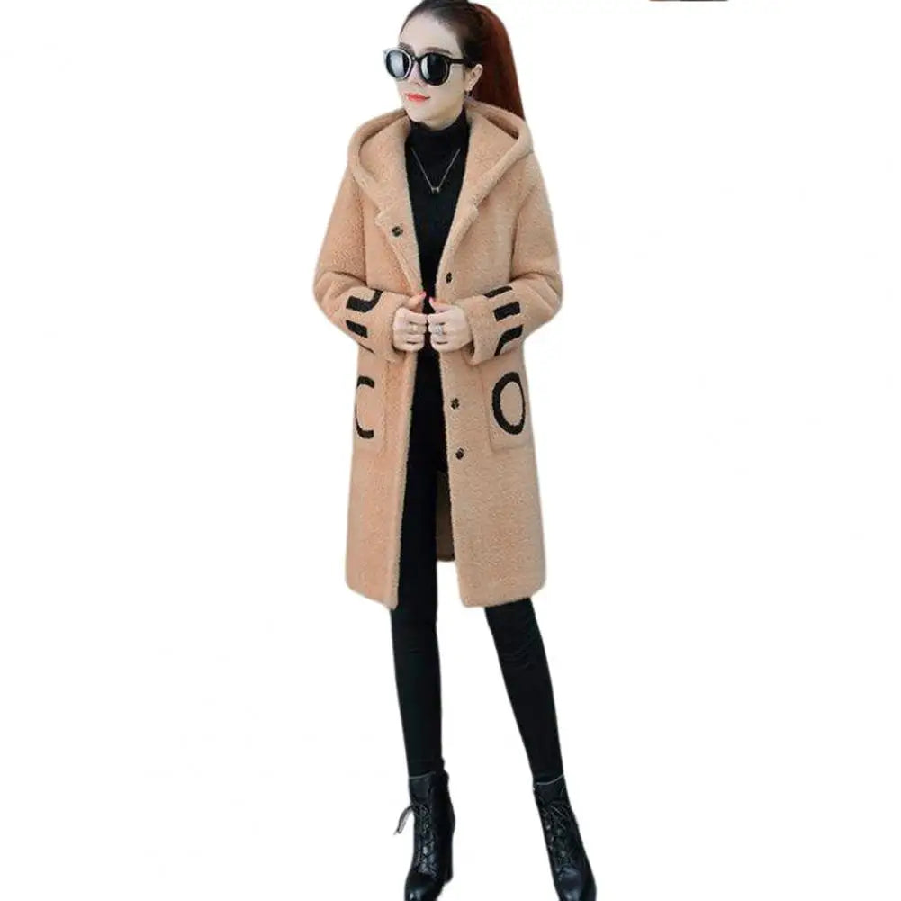 LVSANW Long Sleeve Hooded Pockets Letter Print Single Breasted Plush Coat Women Winter Thickened Imitation Lambswool Overcoat