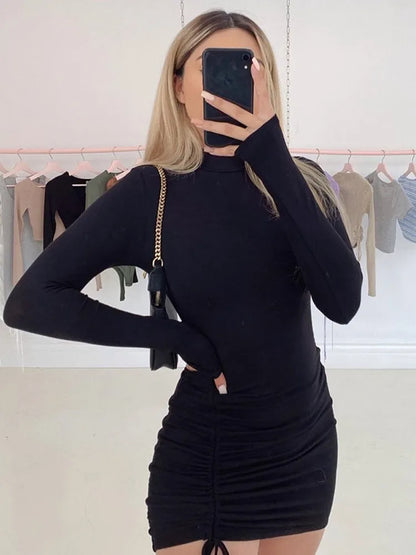 LVSANW Long Sleeve Ruched Bodycon Dress Women Turtleneck Bandage Mini Dresses Autumn Black Skinny Stretchy Party Vestidos