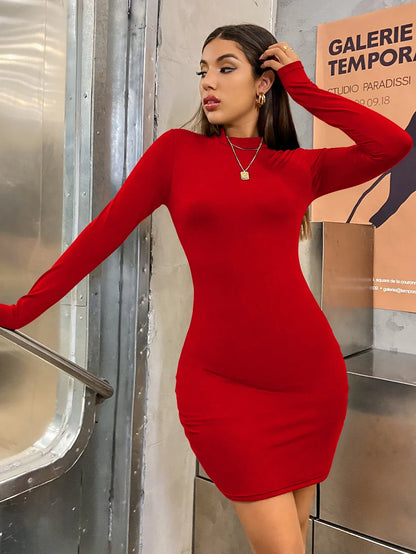 LVSANW Long Sleeve Slim Bodycon Mini Dress Women Turtleneck Pleated Party Ruched Short Evening Club Outfit Soild Color