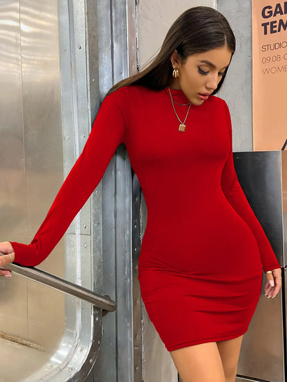 LVSANW Long Sleeve Slim Bodycon Mini Dress Women Turtleneck Pleated Party Ruched Short Evening Club Outfit Soild Color