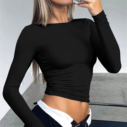 LVSANW Long Sleeve T-Shirts Crop Tops Women Autumn Spring Slim O Neck Causal Solid Pullovers Base Tees Streetwear Y2K Bodycon T Shirt