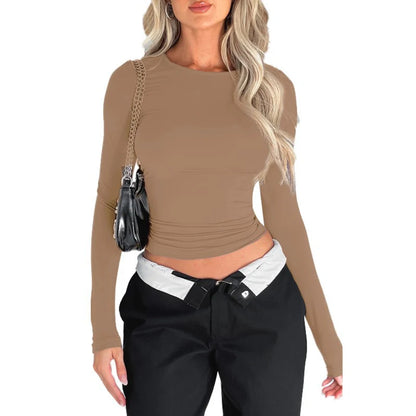 LVSANW Long Sleeve T-Shirts Crop Tops Women Autumn Spring Slim O Neck Causal Solid Pullovers Base Tees Streetwear Y2K Bodycon T Shirt