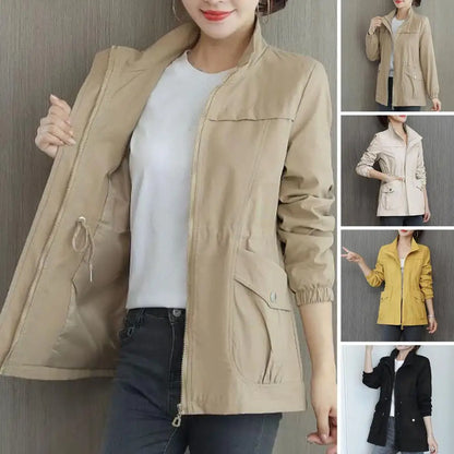 LVSANW Long Sleeve Women Coat Women Windbreaker Jacket Stylish Women's Double Layer Windbreaker with Stand Collar Zipper for Autumn