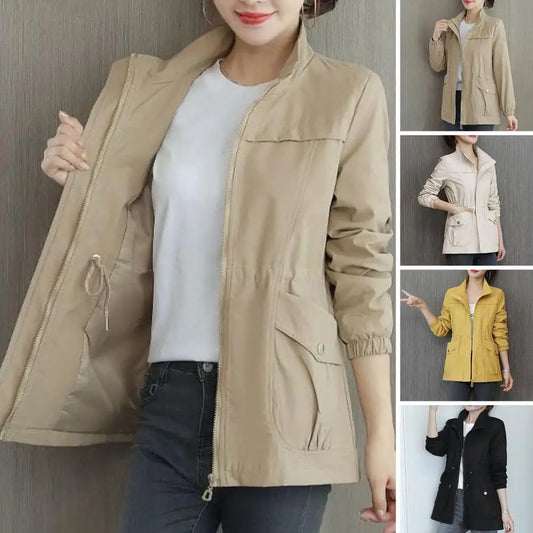 LVSANW Long Sleeve Women Coat Women Windbreaker Jacket Stylish Women's Double Layer Windbreaker with Stand Collar Zipper for Autumn