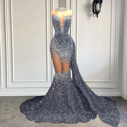 LVSANW Long Sparkly Prom Dresses 2024 Luxury Silver Diamond Crystals Black Girl Sequin Mermaid Prom Gowns With Side Train