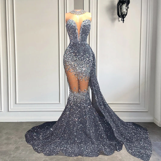 LVSANW Long Sparkly Prom Dresses 2024 Luxury Silver Diamond Crystals Black Girl Sequin Mermaid Prom Gowns With Side Train