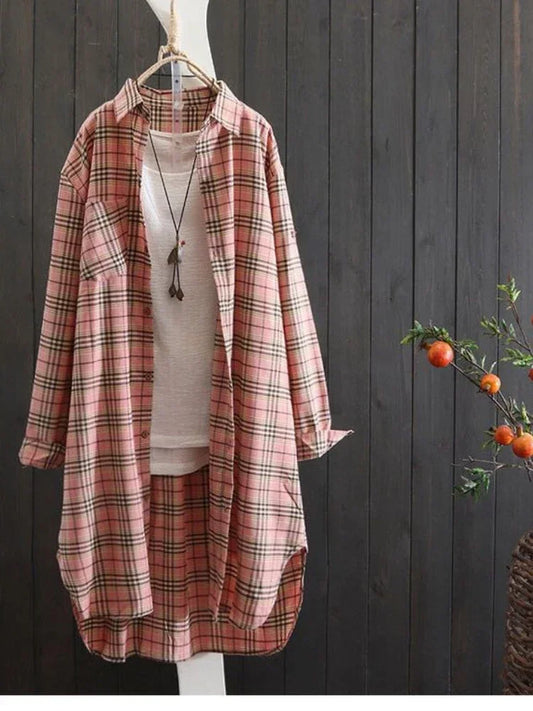 LVSANW Loose Casual Shirts Female Large Size Blouses 2024 Korean Style Plaid Medium Long Blouses Womens Tops and Blouses