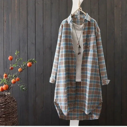 LVSANW Loose Casual Shirts Female Large Size Blouses 2024 Korean Style Plaid Medium Long Blouses Womens Tops and Blouses