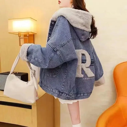 LVSANW Loose-Fit Fleece-Lined Denim Jacket Women's Thickened Hooded Korean Style Versatile Casual Cardigan Trendy Autumn/Winter 2025 Ne