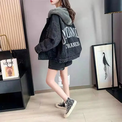 LVSANW Loose-Fit Fleece-Lined Denim Jacket Women's Thickened Hooded Korean Style Versatile Casual Cardigan Trendy Autumn/Winter 2025 Ne