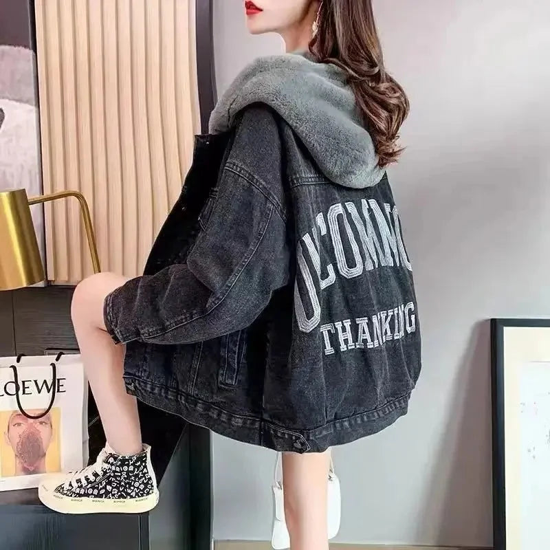 LVSANW Loose-Fit Fleece-Lined Denim Jacket Women's Thickened Hooded Korean Style Versatile Casual Cardigan Trendy Autumn/Winter 2025 Ne