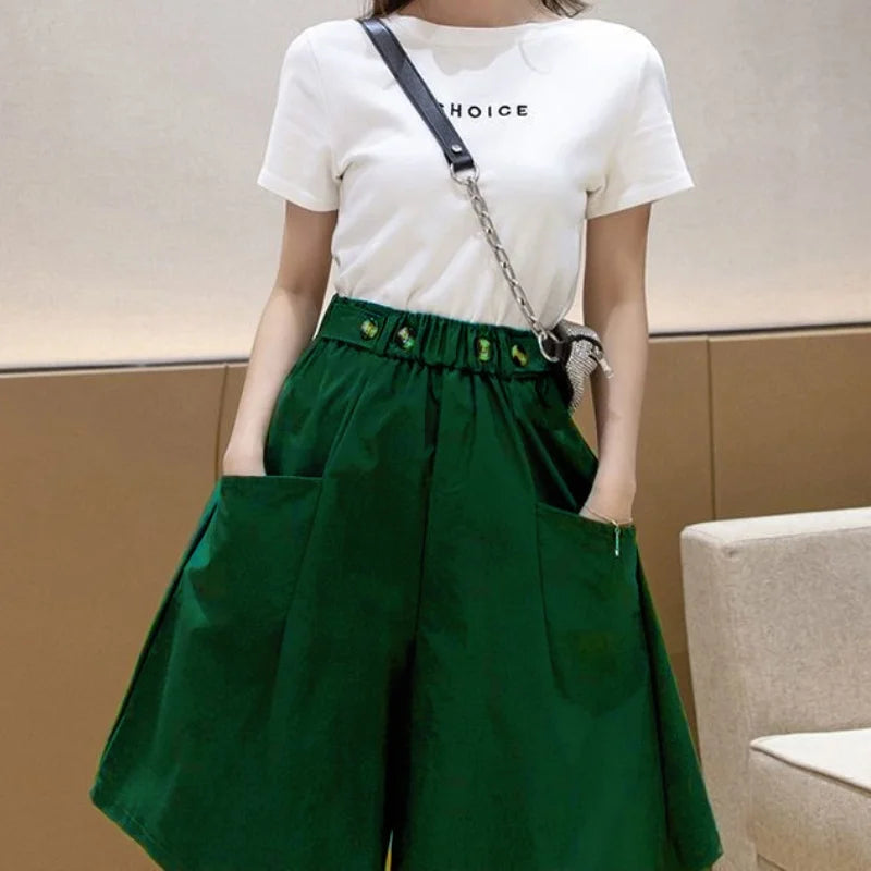 LVSANW Loose High Elastic Waist Casual Pleat Wide Leg Short Pants Button Pocket Solid Summer Trend Fashion Office Lady Shorts All-Match