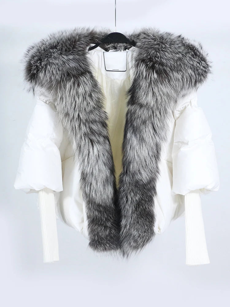 LVSANW Loose Natural Real Fox Fur Collar Coat Thick New European Fashion White Duck Down Jacket Winter Women Warm Luxury Outerwear