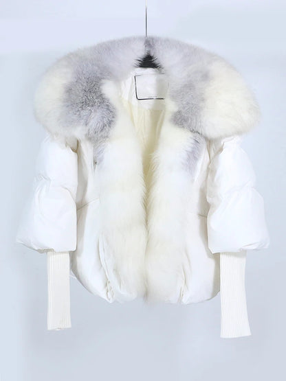 LVSANW Loose Natural Real Fox Fur Collar Coat Thick New European Fashion White Duck Down Jacket Winter Women Warm Luxury Outerwear