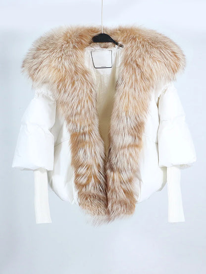 LVSANW Loose Natural Real Fox Fur Collar Coat Thick New European Fashion White Duck Down Jacket Winter Women Warm Luxury Outerwear