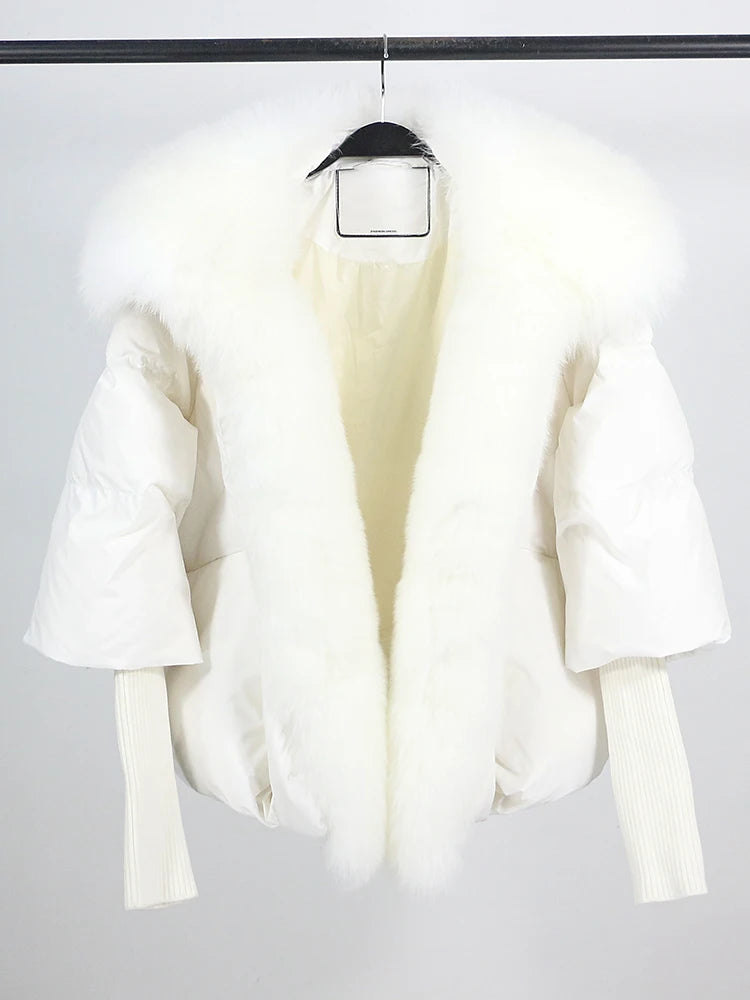 LVSANW Loose Natural Real Fox Fur Collar Coat Thick New European Fashion White Duck Down Jacket Winter Women Warm Luxury Outerwear