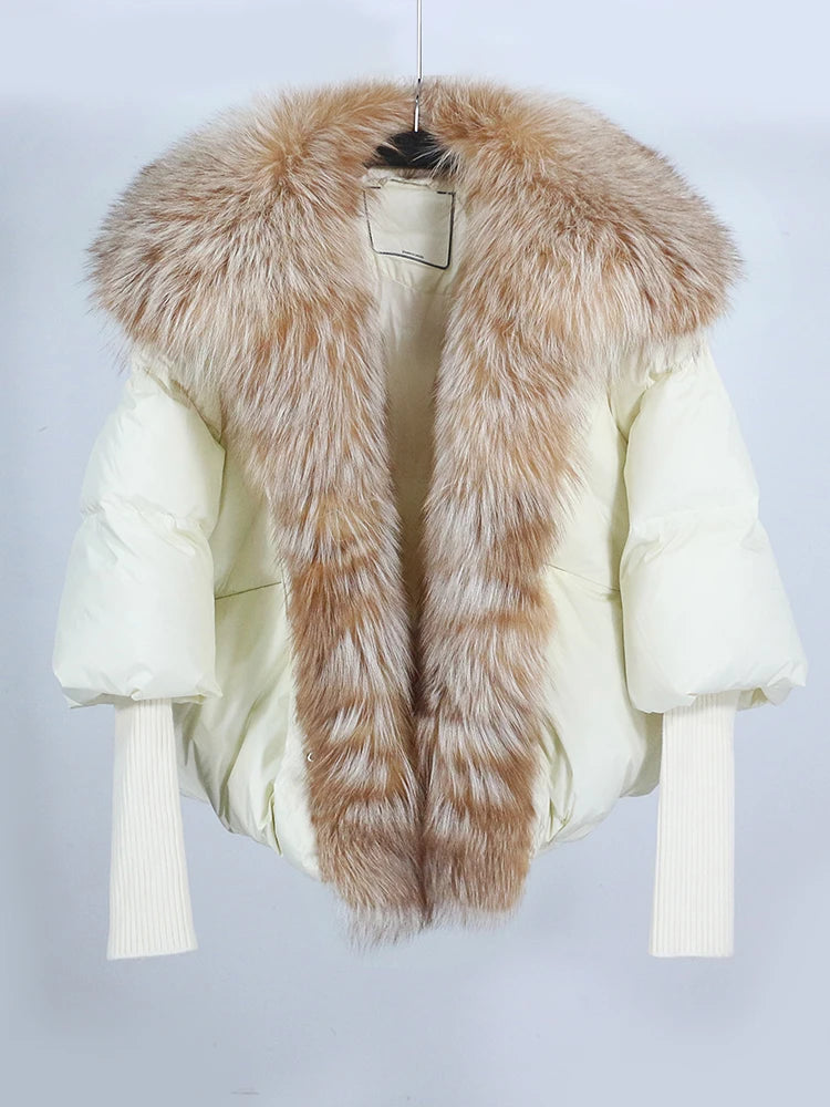 LVSANW Loose Natural Real Fox Fur Collar Coat Thick New European Fashion White Duck Down Jacket Winter Women Warm Luxury Outerwear