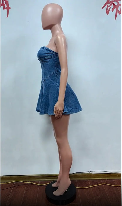 LVSANW Lovely Lady Denim Club Dress Sexy Women Strapless Elegant Blue Jeans Skater Party Dress