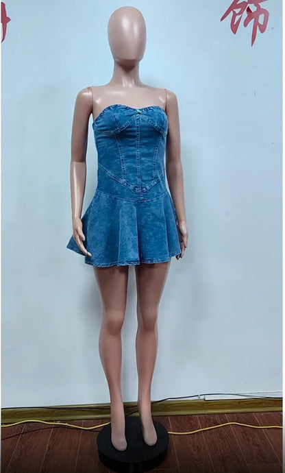 LVSANW Lovely Lady Denim Club Dress Sexy Women Strapless Elegant Blue Jeans Skater Party Dress