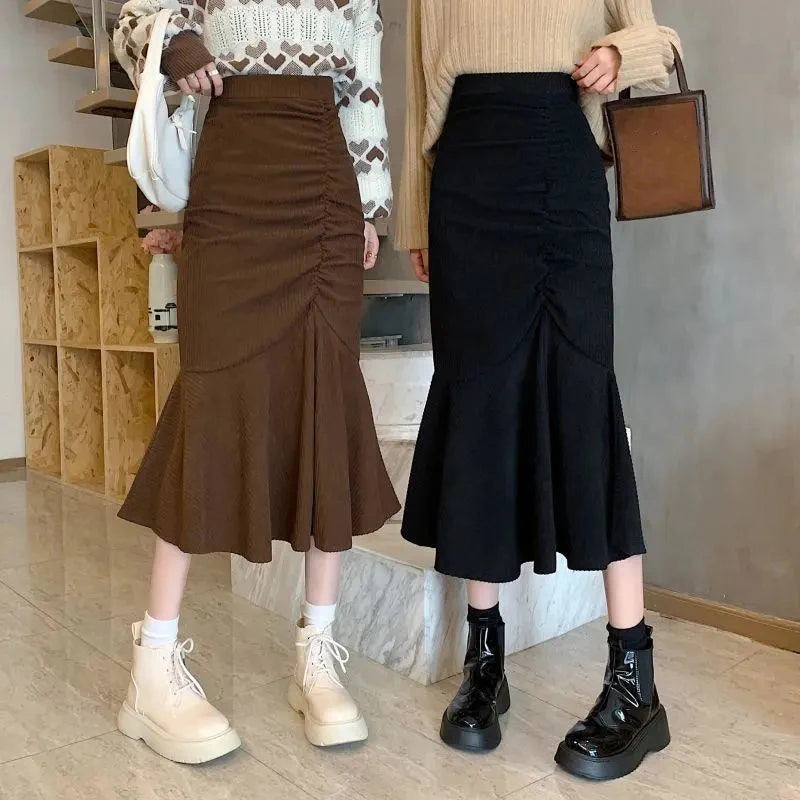 LVSANW Lucyever Fashion High Waist Midi Skirts for Women 2025 Spring Slim Fit  Hip Mermaid Skirt Woman Korean Ruffles Brown Skirts 2XL