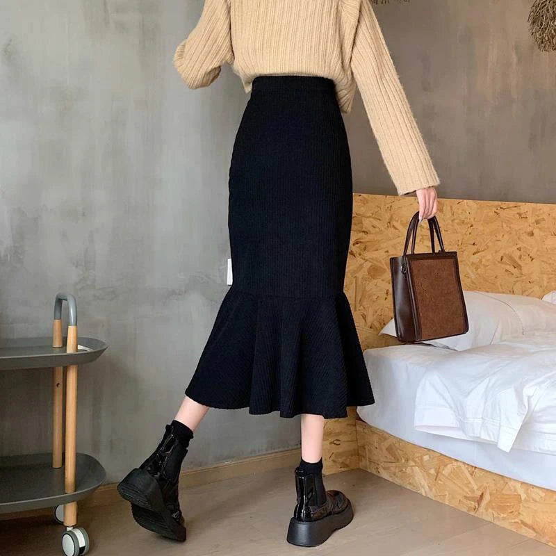 LVSANW Lucyever Fashion High Waist Midi Skirts for Women 2025 Spring Slim Fit  Hip Mermaid Skirt Woman Korean Ruffles Brown Skirts 2XL