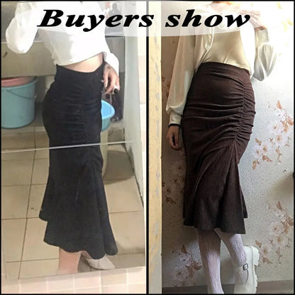 LVSANW Lucyever Fashion High Waist Midi Skirts for Women 2025 Spring Slim Fit  Hip Mermaid Skirt Woman Korean Ruffles Brown Skirts 2XL