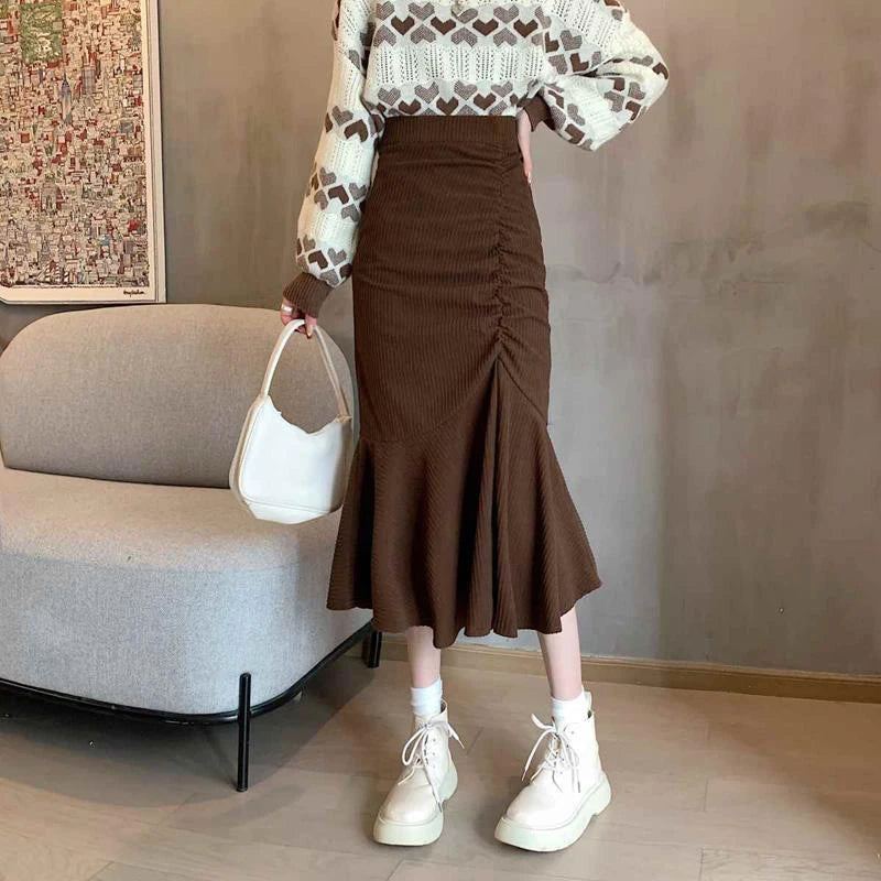 LVSANW Lucyever Fashion High Waist Midi Skirts for Women 2025 Spring Slim Fit  Hip Mermaid Skirt Woman Korean Ruffles Brown Skirts 2XL