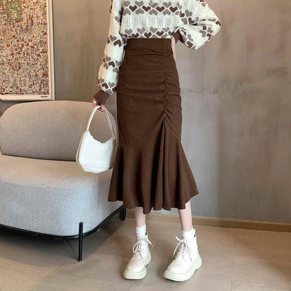 LVSANW Lucyever Fashion High Waist Midi Skirts for Women 2025 Spring Slim Fit  Hip Mermaid Skirt Woman Korean Ruffles Brown Skirts 2XL