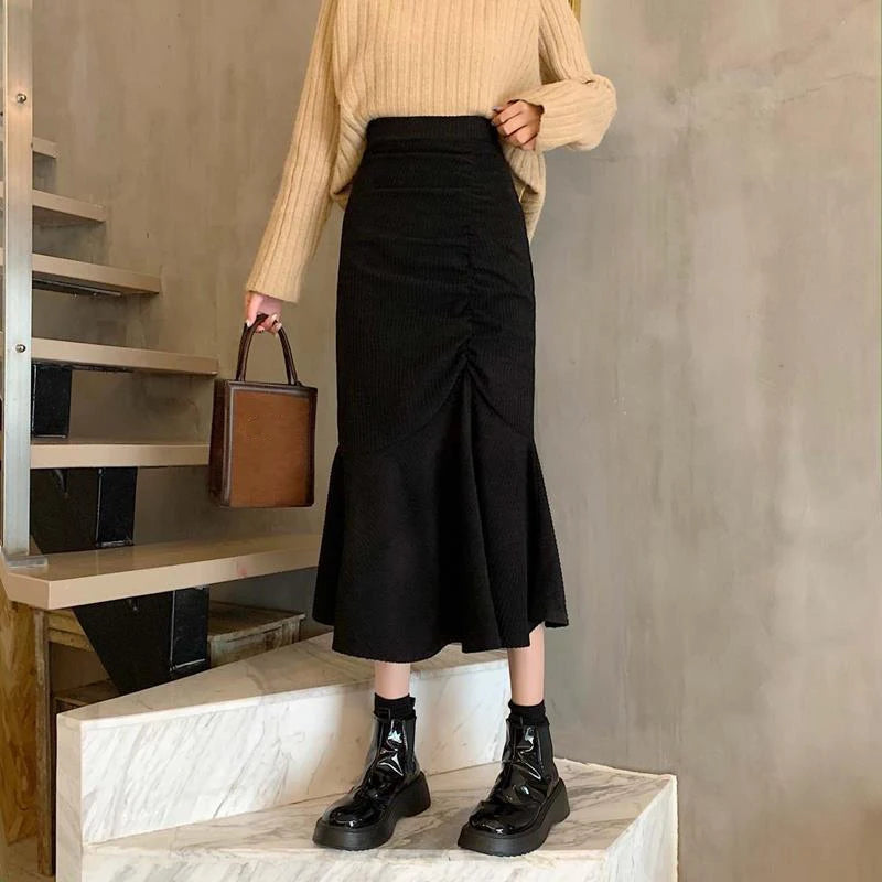 LVSANW Lucyever Fashion High Waist Midi Skirts for Women 2025 Spring Slim Fit  Hip Mermaid Skirt Woman Korean Ruffles Brown Skirts 2XL