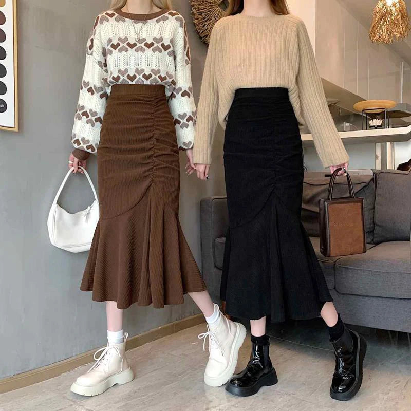 LVSANW Lucyever Fashion High Waist Midi Skirts for Women 2025 Spring Slim Fit  Hip Mermaid Skirt Woman Korean Ruffles Brown Skirts 2XL