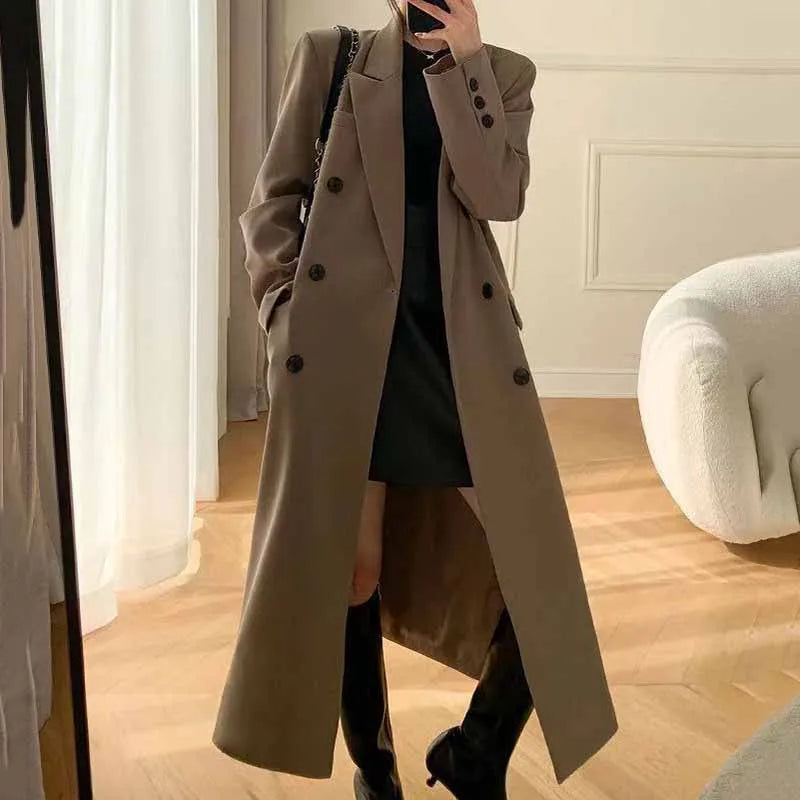 LVSANW Lucyever Korean Style Chic Office Lady Long Blazers Elegant Double Breasted Blazer Jacket Women Fashion Streetwear Trench Coat