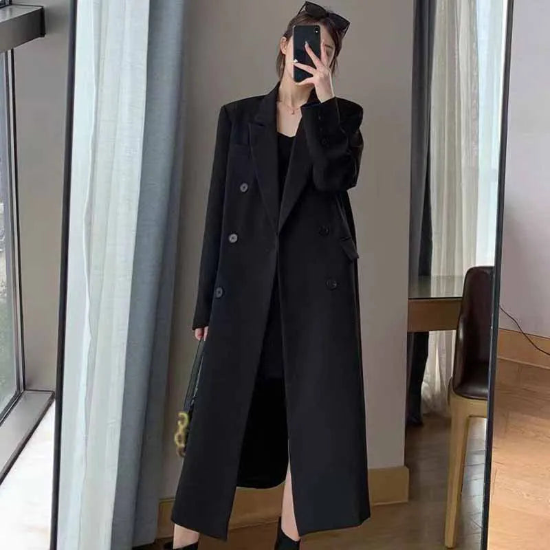 LVSANW Lucyever Korean Style Chic Office Lady Long Blazers Elegant Double Breasted Blazer Jacket Women Fashion Streetwear Trench Coat