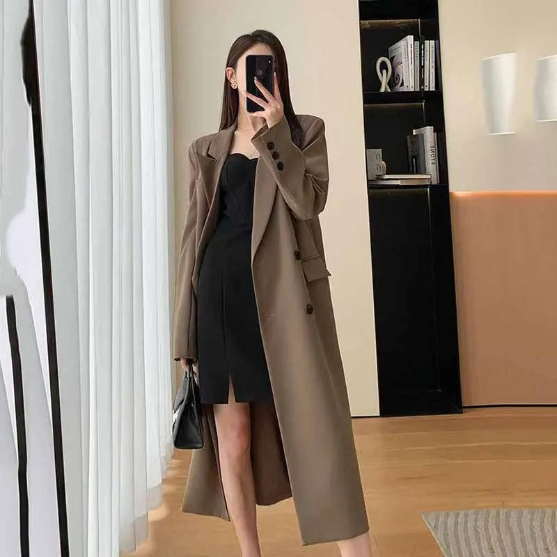 LVSANW Lucyever Korean Style Chic Office Lady Long Blazers Elegant Double Breasted Blazer Jacket Women Fashion Streetwear Trench Coat