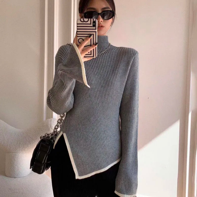 LVSANW Lucyever Women's Turtleneck Sweater and Pullover Winter 2024 New Side Slit Knitted Sweaters Female Long Flare Sleeve Knitwears