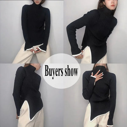 LVSANW Lucyever Women's Turtleneck Sweater and Pullover Winter 2024 New Side Slit Knitted Sweaters Female Long Flare Sleeve Knitwears