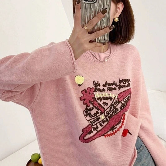 LVSANW Luxury Brand Design Saturn Knit Embroider Long Sleeves Pullover Sweater  For Women Top Pull Knitwear Ladies Outerwears Clothing