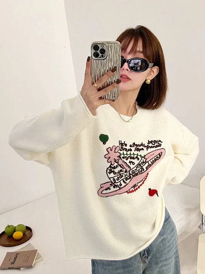 LVSANW Luxury Brand Design Saturn Knit Embroider Long Sleeves Pullover Sweater  For Women Top Pull Knitwear Ladies Outerwears Clothing