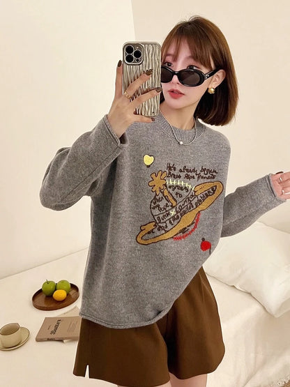 LVSANW Luxury Brand Design Saturn Knit Embroider Long Sleeves Pullover Sweater  For Women Top Pull Knitwear Ladies Outerwears Clothing