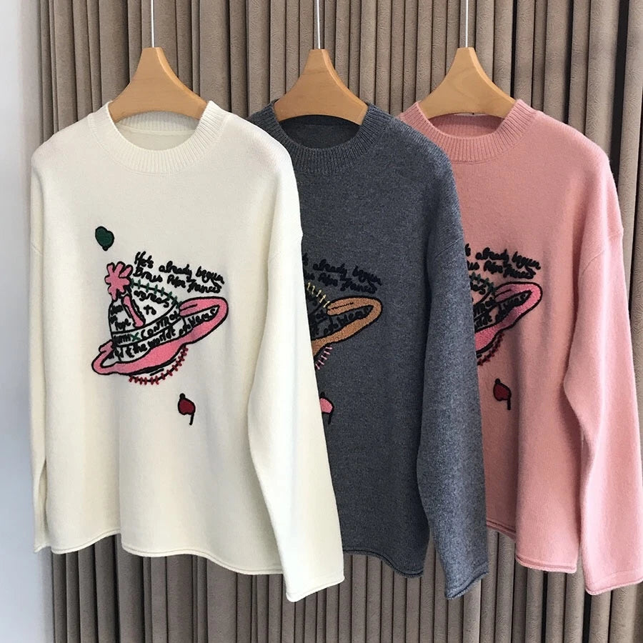 LVSANW Luxury Brand Design Saturn Knit Embroider Long Sleeves Pullover Sweater  For Women Top Pull Knitwear Ladies Outerwears Clothing