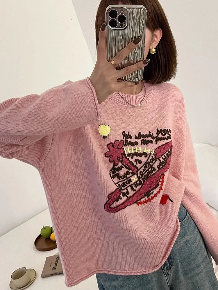 LVSANW Luxury Brand Design Saturn Knit Embroider Long Sleeves Pullover Sweater  For Women Top Pull Knitwear Ladies Outerwears Clothing