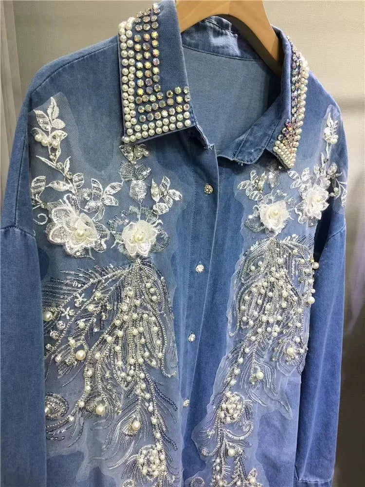 LVSANW Luxury Diamonds Beaded Embroidery Denim Blouses Shirts Women Autumn Long Sleeve Shirts Loose Causal Tops Camisas De Mujer