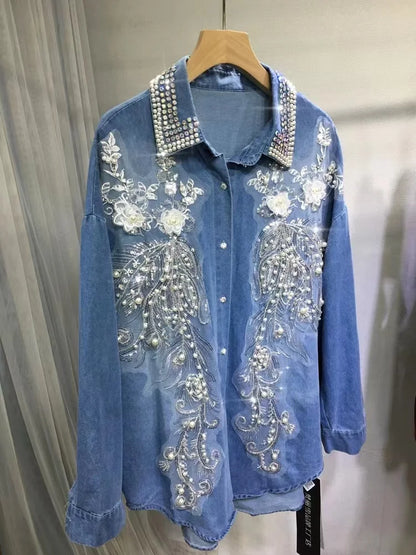 LVSANW Luxury Diamonds Beaded Embroidery Denim Blouses Shirts Women Autumn Long Sleeve Shirts Loose Causal Tops Camisas De Mujer