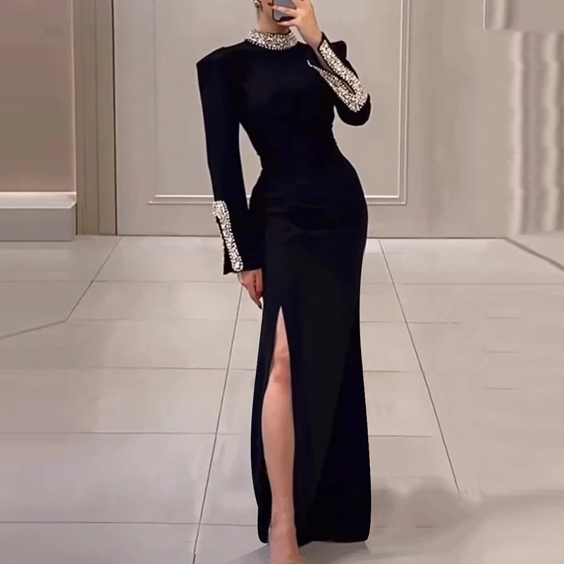 LVSANW Luxury Elegant Slim Rhinestone Evening Dress 2025 New Women's Temperament Split Long Robe Sexy Bodycon Long Sleeve Banquet Dress