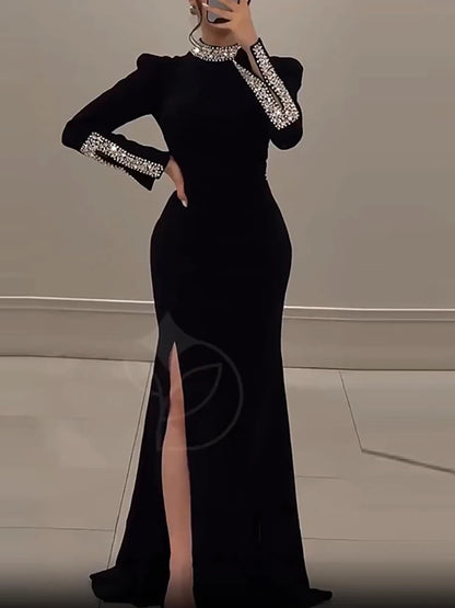 LVSANW Luxury Elegant Slim Rhinestone Evening Dress 2025 New Women's Temperament Split Long Robe Sexy Bodycon Long Sleeve Banquet Dress