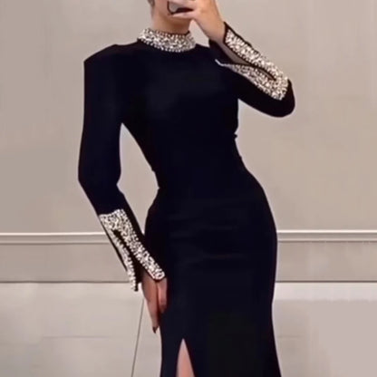 LVSANW Luxury Elegant Slim Rhinestone Evening Dress 2025 New Women's Temperament Split Long Robe Sexy Bodycon Long Sleeve Banquet Dress