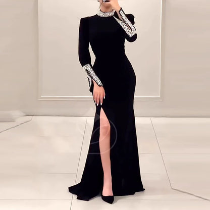 LVSANW Luxury Elegant Slim Rhinestone Evening Dress 2025 New Women's Temperament Split Long Robe Sexy Bodycon Long Sleeve Banquet Dress